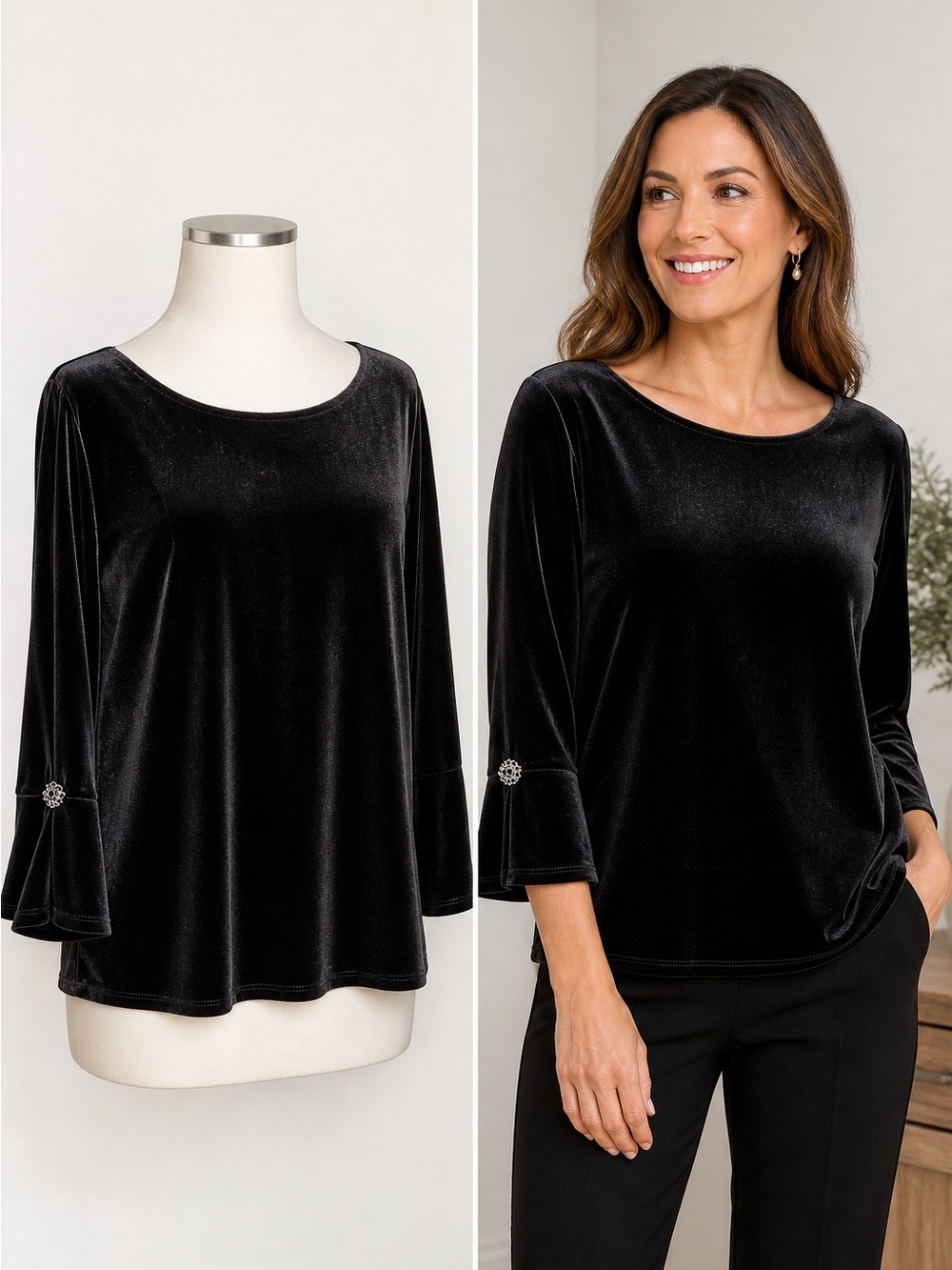 Talbots | Black Velvet Top | 3/4 Sleeve | Stretch | Elegant Minimalist | XL - Picture 1 of 7